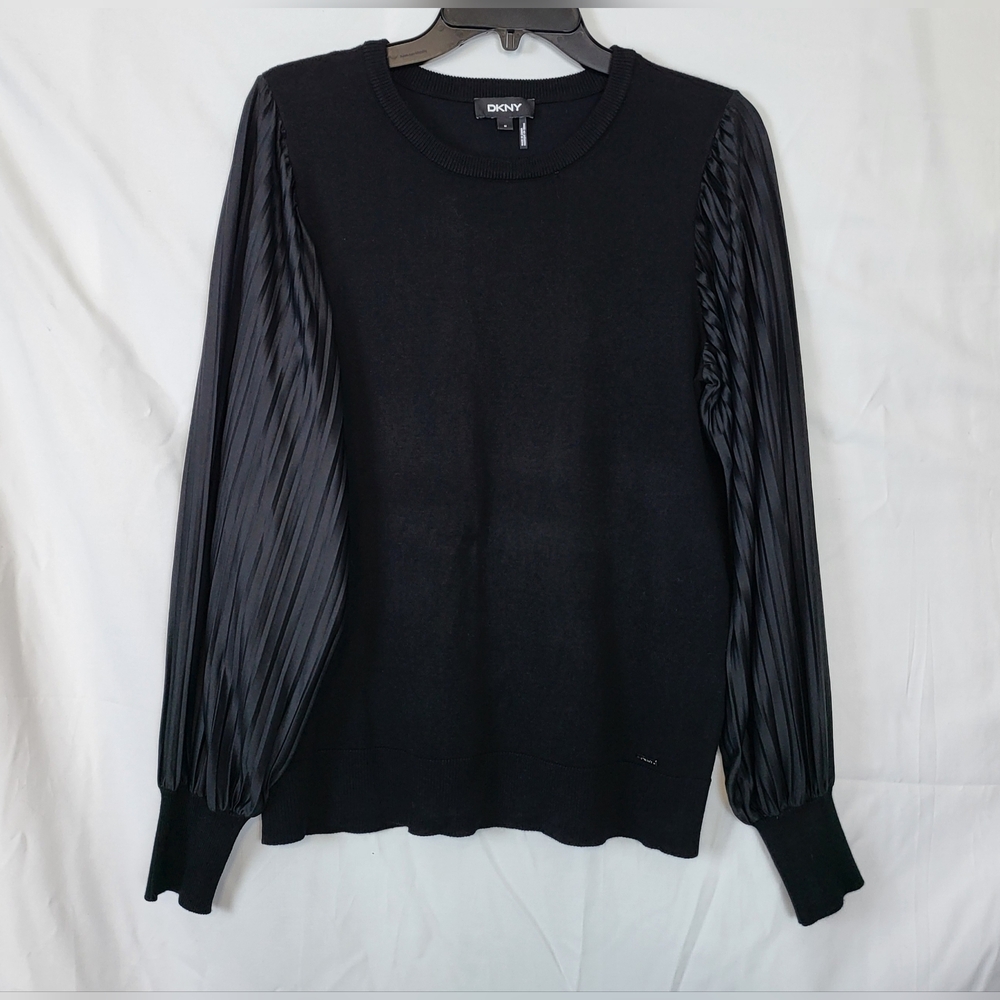 DKNY Womens Black Scoop Neck Long Pleated Balloon Sleeve Sweater Size M